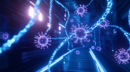 Futuristic DNA strand intertwined with virus particles in neon light