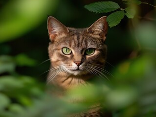 A close-up of a cat with striking green eyes, partially obscured by green foliage, showcasing its natural beauty and alert expression.