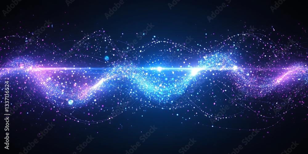 Poster abstract particle waveform with shining glitters and vibrant color gradients