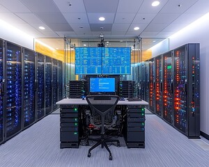 A modern computer data center with server racks and screens
