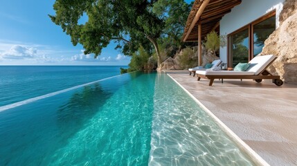 Fototapeta premium Mastermind retreat at a luxury villa featuring an exquisite infinity pool and stunning ocean views during a serene sunset