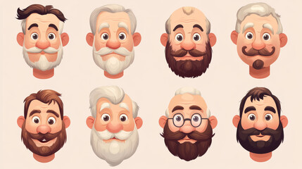Obraz premium Old man face animation constructor, cartoon elderly male character creation set with various hairstyles, eyes, noses, lips, eyebrows, beards or mustaches, isolated aged white personage, Vector kit