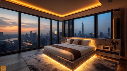 Luxury Bedroom Interior Design with Panoramic City View 3D Rendering..