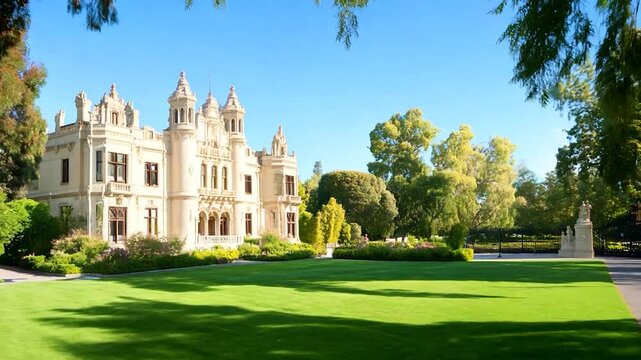 Elegant historic mansion surrounded by lush greenery and clear blue skies, ideal for events