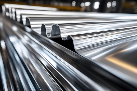 Close-up of shiny corrugated metal sheets in an industrial setting. Perfect for construction, roofing, and manufacturing concepts. Ideal for ads related to building materials and metal production.