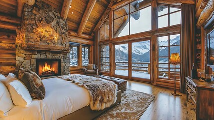 Cozy Mountain House Interior with Large Window and Scenic View..
