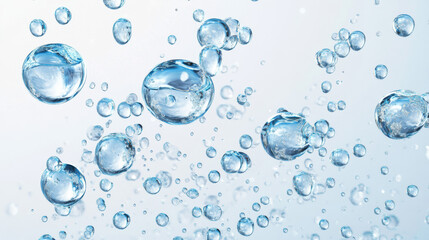 Collagen droplets, clear dews of different shapes, dripping and lying hydration liquid blue pure drops, water bubbles, glass balls, spheres isolated on transparent background, Realistic 3d vector set