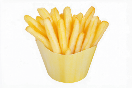 french fries in a paper cup cutout image and isolated on transparent background 