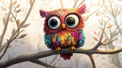 A Colorful Owl on a Branch in a Misty Forest