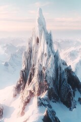 Majestic ice mountain peak, bathed in soft pastel light, surrounded by snowy expanse