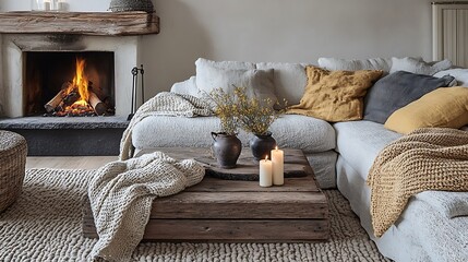Cozy Living Room Interior with Fireplace Candles and Soft Decor..