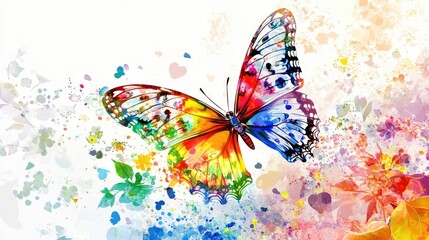 Vibrant Watercolor Butterfly Amidst Colorful Floral Splashes