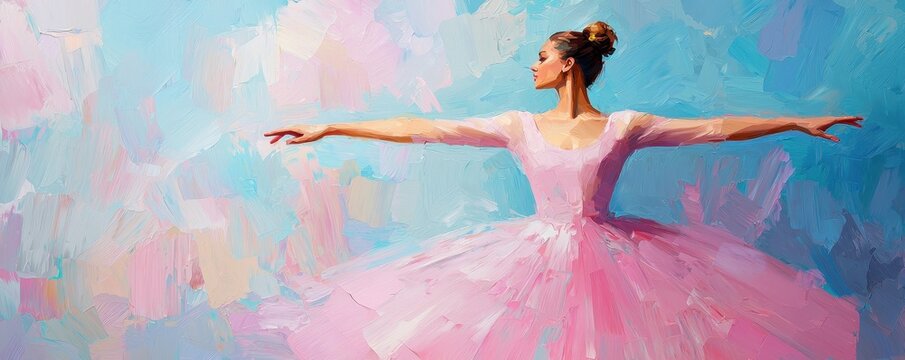 National pink day with feminine and art idea. Elegant ballerina posing in a pink tutu against a colorful background.