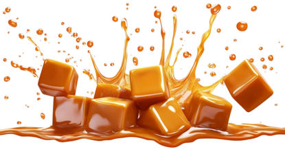 Delicious caramel candies splashing on transparent background. PNG format.