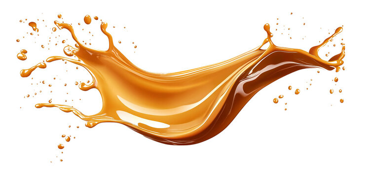 Delicious caramel splashing on transparent background, PNG format.