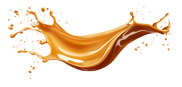 Delicious caramel splashing on transparent background, PNG format.