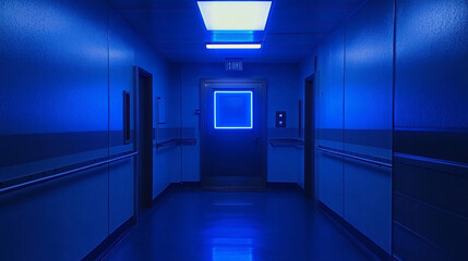 Dark hall with closed metal door and neon blue lamp illumination. Realistic vector illustration of secret laboratory, alien spacecraft, bomb shelter interior with sliding doorway. Futuristic building