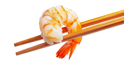 Delicious, juicy shrimp held by chopsticks on transparent background, PNG format.