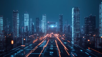 Fototapeta premium Futuristic city at night, digital pathway, technology