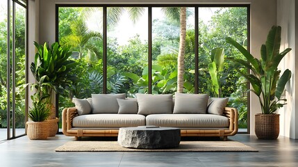 Sofa in the Living Room with Tropical Plants