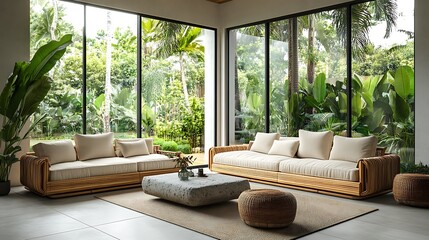 Modern Living Room with Rattan Sofa and Tropical Garden View..