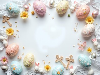 Colorful easter eggs surrounded by flowers and decorations