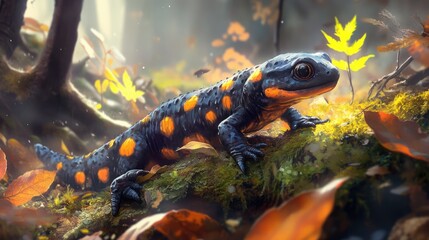 Fototapeta premium Fire Salamander in Autumn Forest