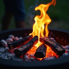 Charcoal barbecue grill flames blazing outdoors, grilling, coal, outdoor