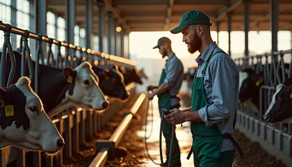 Farmers tending dairy cows in modern barn at sunrise.


