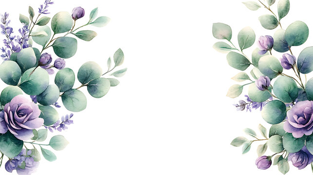 Watercolor vector corner border frame. Green eucalyptus leaves and purple flowers. Green clipart for wedding invitation, greeting card. Isolated hand drawn illustration on transparent background. PNG 