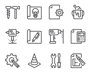 Construction house project development isolated line thin icon set	