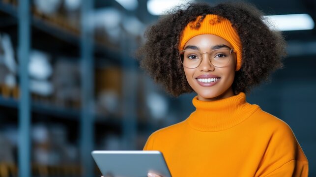 Warehouse manager reviews shipment details for stock management and accuracy in a well-organized warehouse environment