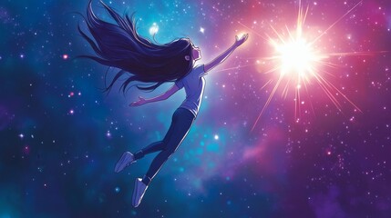 Fototapeta premium A young woman is reaching for a bright light in space