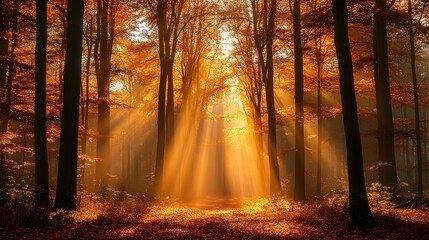 Obraz premium Serene autumn forest with golden sunlight filtering through vibrant orange leaves, creating a tranquil path