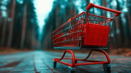 An isolated red shopping cart in a foggy, mysterious forest scene evokes feelings of curiosity, abandonment, and the juxtaposition of modernity within nature's tranquility.
