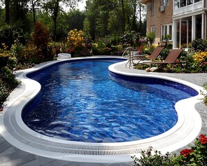 Beautiful outdoor swimming pool surrounded by flowers and greenery in a backyard