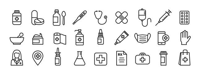 Healthcare & Pharmacy - line icon set with editable stroke. Medical icons. Medicines, medical supplies... Simple design - outline collection. Vector illustration.