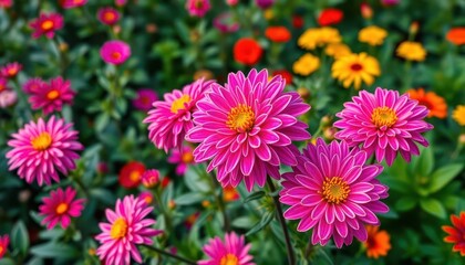 Vibrant chrysanthemum blooms in lush garden setting, nature, texture