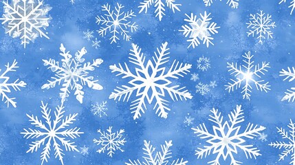 White snowflakes falling on blue background, winter, abstract design, pattern use