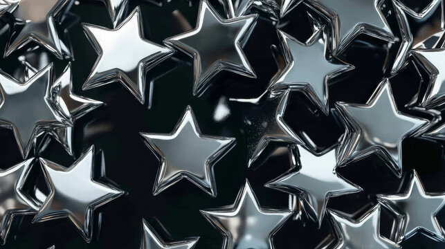 Metallic chrome stars collection - silver 3d shapes with reflective surfaces, y2k style geometric elements, hollow and solid decorative objects with glossy finish on dark transparent background.