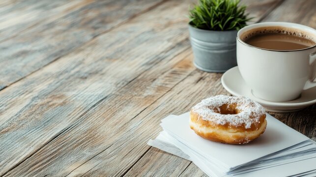 A cozy scene featuring a donut and coffee next to stacks of papers, reflecting a moment of indulgence amidst the demands of everyday work life.