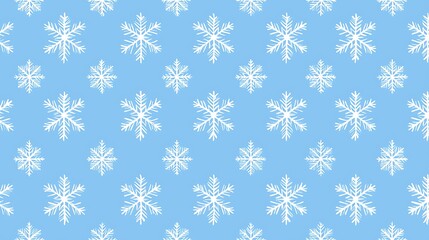 White snowflakes in a repeating pattern on a light blue background used for winter holiday decorations