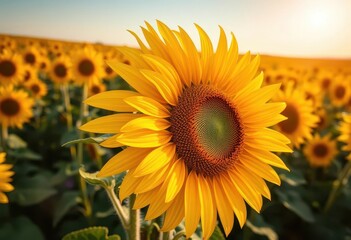 Obraz premium A vibrant yellow sunflower blooms, its face turned towards the sun in a vast field of similar flowers, field, helianthus