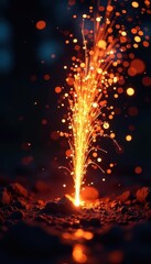 Bright sparks burst upward, incandescent particles & flames dance on dark backdrop , incandescent, shine