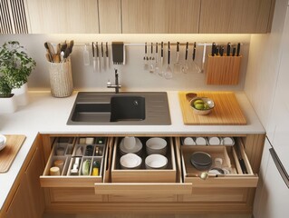 A modern well organized kitchen area with various appliances