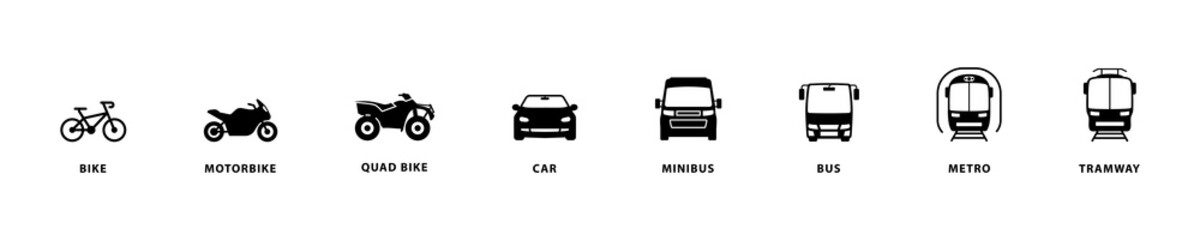 Air, Auto, Railway, Sea Transport Silhouette Icon Set. Stop Station Sign Public Transport Glyph Pictogram. Car, Bus, Tram, Train, Metro, Plane, Scooter, Motorcycle, Ship Icon in Front View. Isolated