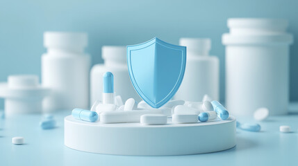 White circular podium with 3d medical elements - blue shield and glossy pills with bubbles on gradient background. Healthcare protection concept display for pharmacy or beauty cosmetic presentation.