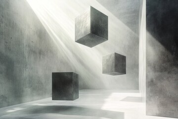 Floating concrete cubes in a sunlit concrete space