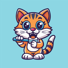 Obraz premium Cat Brushing Teeth with Toothbrush: Mascot Logo Vector Illustration