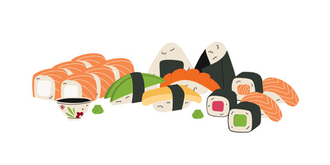 Sushi set. Japanese food. Rice and salmon fish. Seafood restaurant menu. Different type Maki, nigiri and sashimi. Temaki and gunkan. Asian cuisine. Vector cartoon flat style isolated illustration